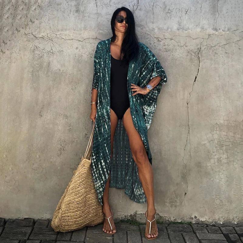 Polyester Ladies Sun Protection Resort Beach Dress Cover Up-Dark green-9