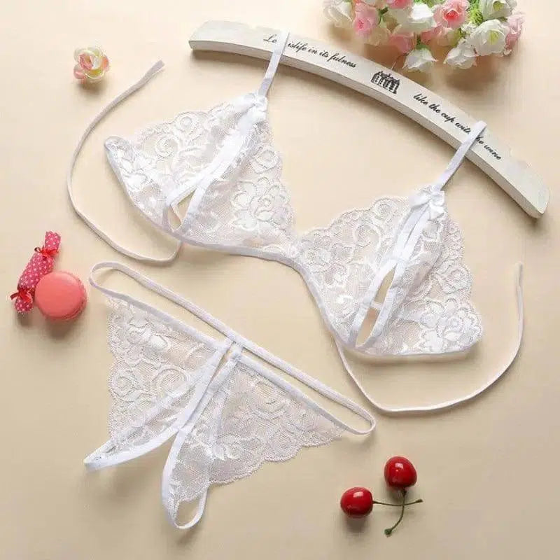 Porn Sexy Women Lace Tulle Lingerie Set-White-6