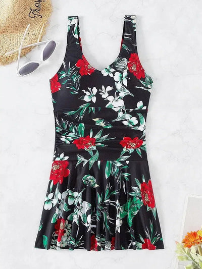 Printed Swimsuit Women One Piece Swim Dress Padded Swimwear-Red Floral-9