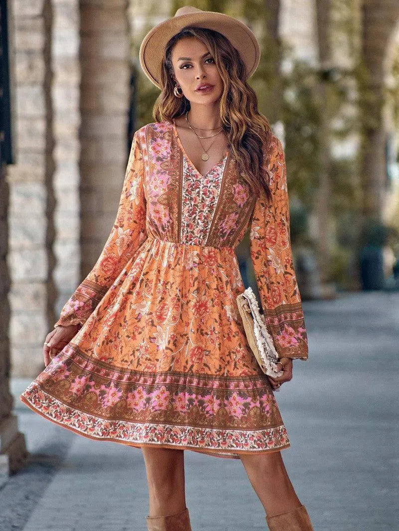 Printed V-neck Waist-controlled Long Sleeves Dress Women-Orange-4