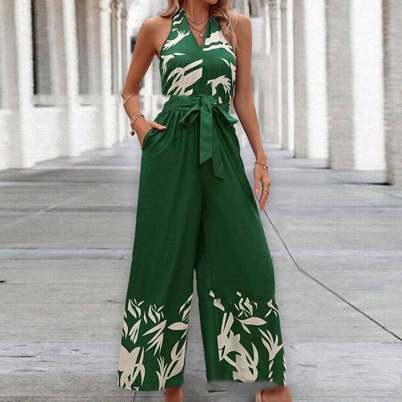 Printing Series Belt Halter Backless Jumpsuit For Women-6