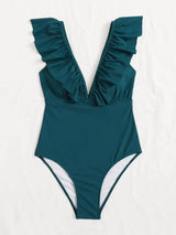 Pure Color Pleated One-piece Swimsuit Fashionable Slim-Darkgreen-1