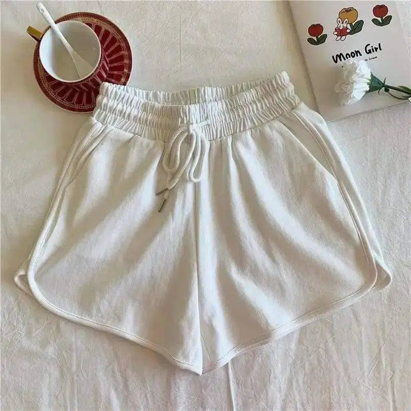 Pure Color Shorts, Thin, Wide-Legged, High-Waisted,-White-2