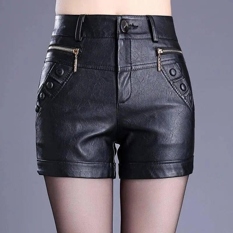 LOVEMI - Retro high waist slim slim straight casual pu leather shorts