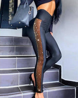 Rhinestone Mesh Stitching Tight Trousers-Black-2