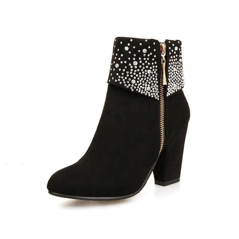 Rhinestone nubuck short heel women boots-Black-5