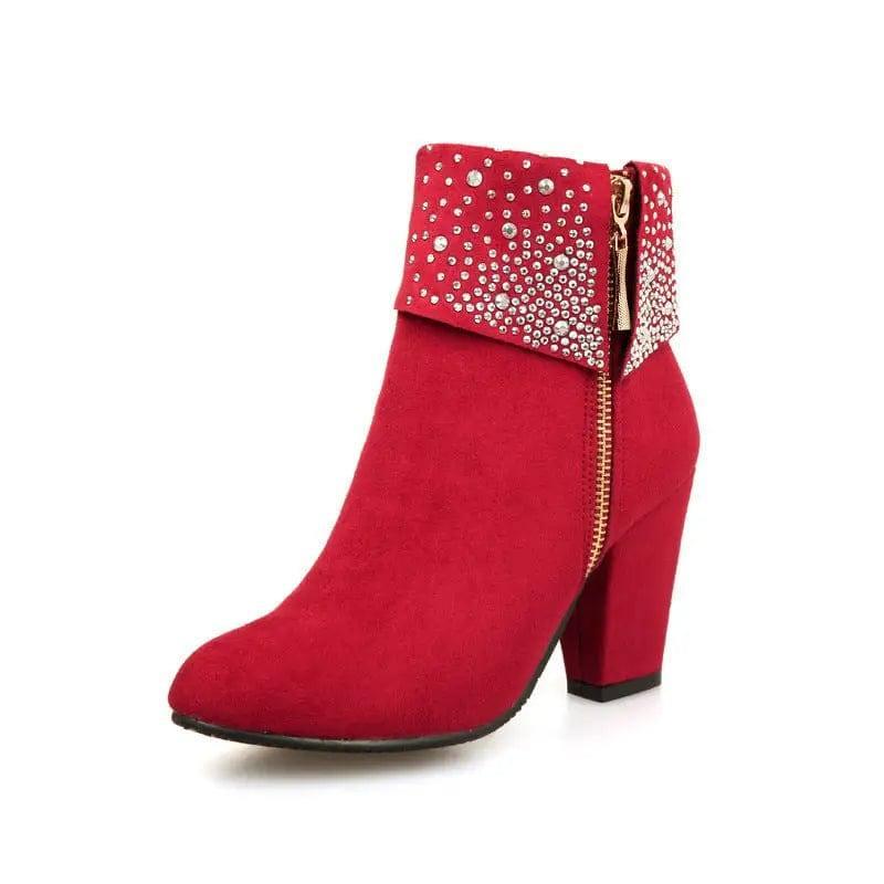 Rhinestone nubuck short heel women boots-Red-7