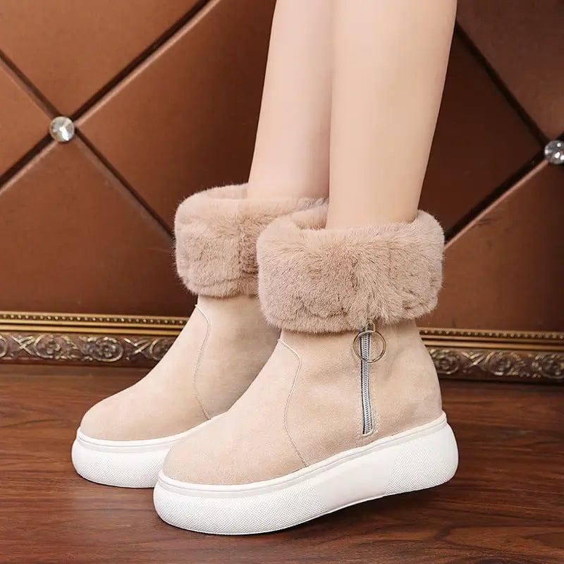 Round Head Suede Warm Women Boots With Cotton-Beige-1