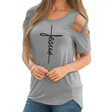 Women's Cut-Out Shoulder Casual Tee-Grey-3