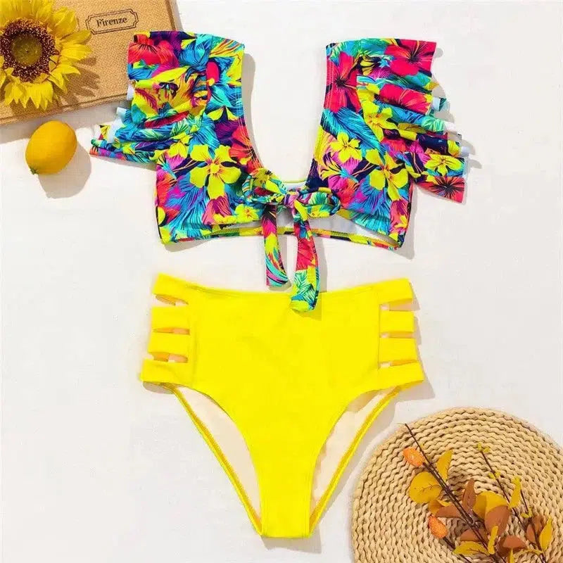 Ruffled Bikini Split Swimsuit European And American-Yellow-7