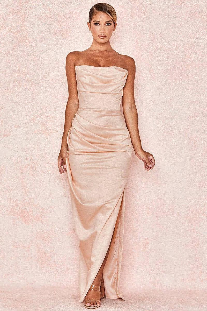 Satin Tube Top Split Knee-length Dress-Apricot-11