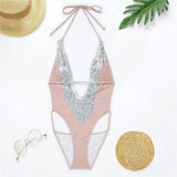 Sequined Fringe One-Piece Bikini Women'S Solid Color-1