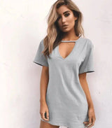 deep V short-sleeved T-shirt loose casual dress-gray-85