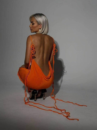 Slim Backless Dress Summer Camisole Gown Lace-up Long-Orange Red-12