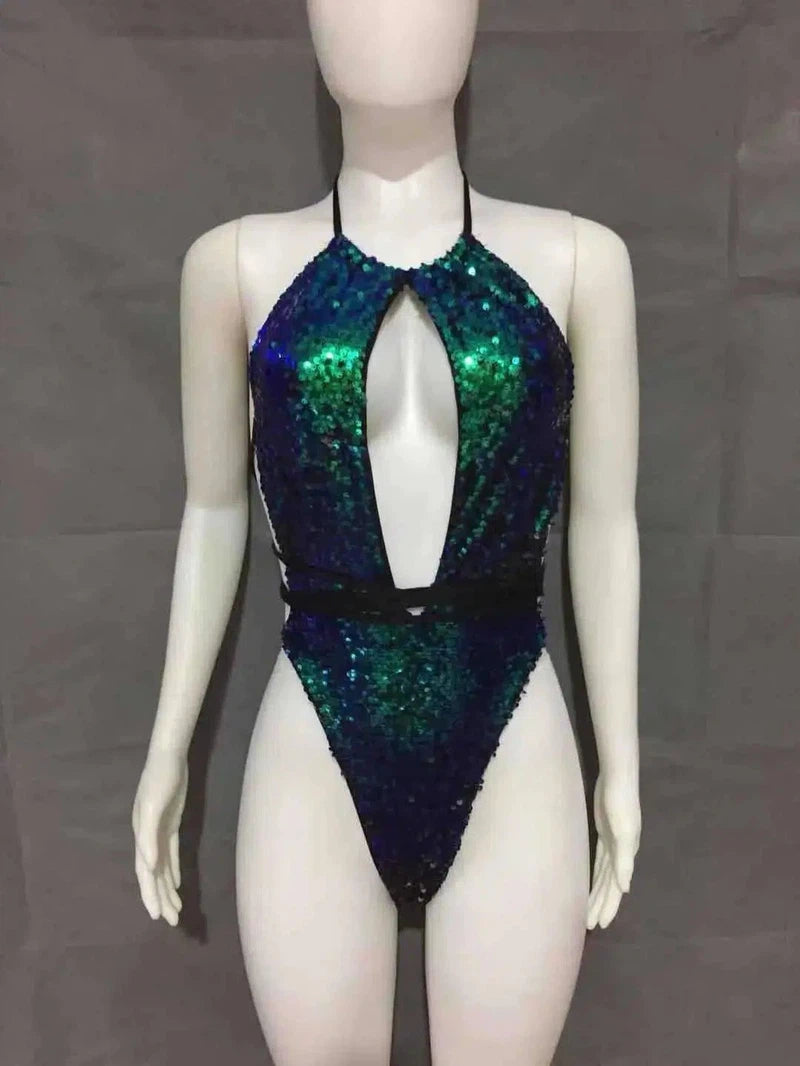 Strappy One-piece Swimsuit Halterneck Sequin Bikini-Green-3