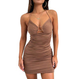 Sexy Suspender Short Dress With Hollow Collar Design And-Coffee-7