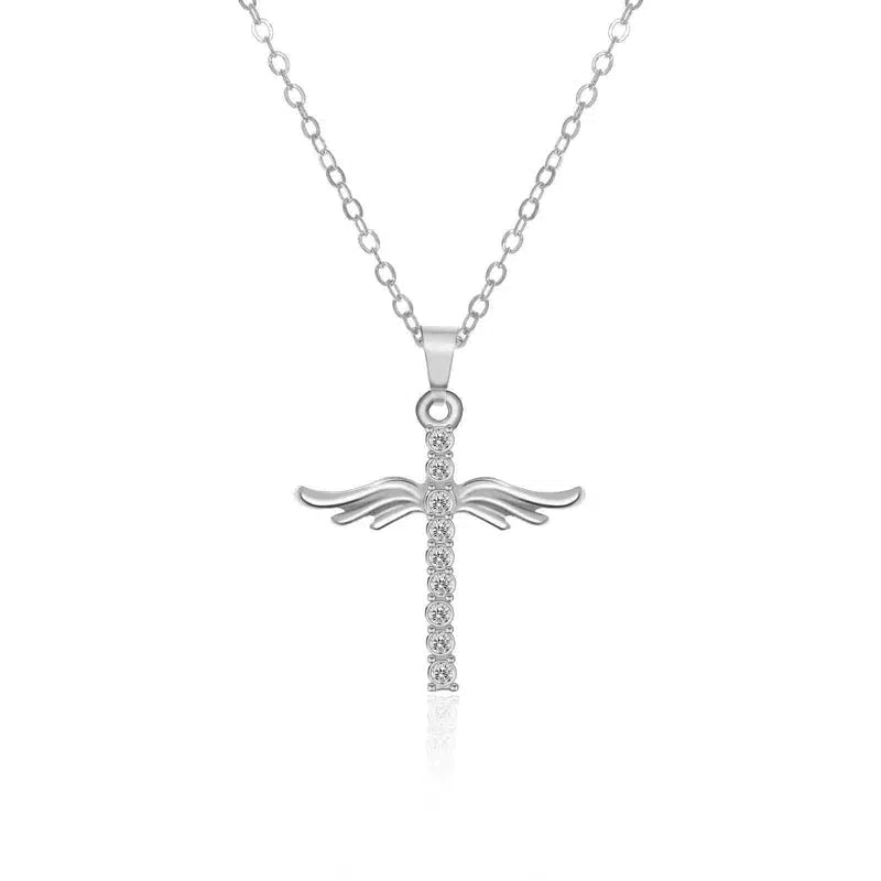 Simple Cross Diamond Angel Wings Pendant-Silver-3