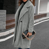 Single-breasted Mid-plush Trench Coat Loose-collar Lambswool-Grey-5