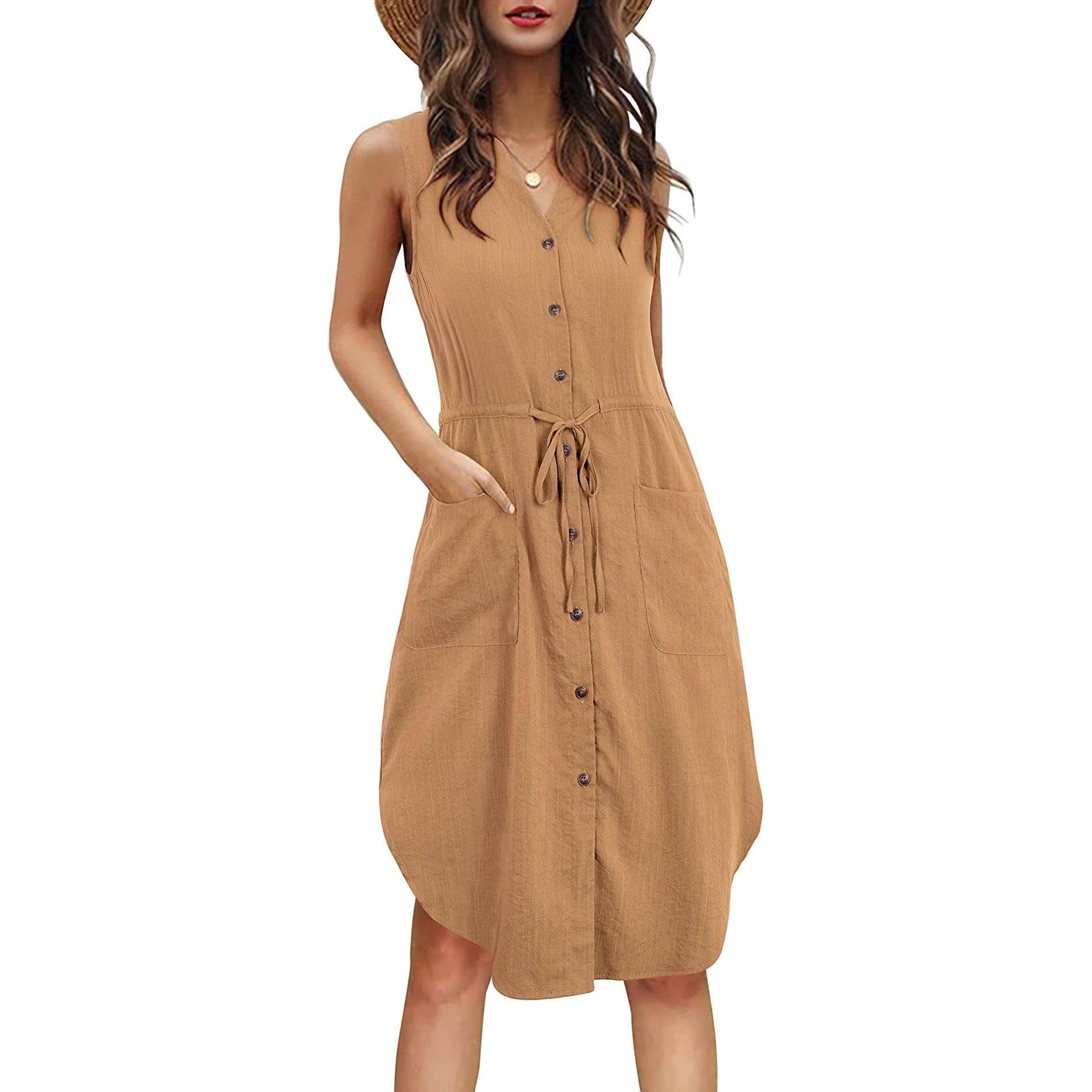 Sleeveless V-neck Buttoned Dress With Pockets Fashion Casual-Khaki-9