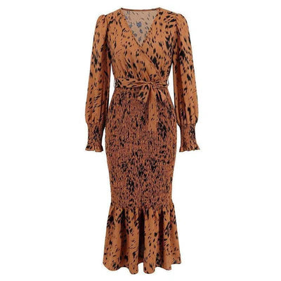 Slim-fit Temperament V-neck Belt Printed Dress Long Fish-LQ651 Khaki-5