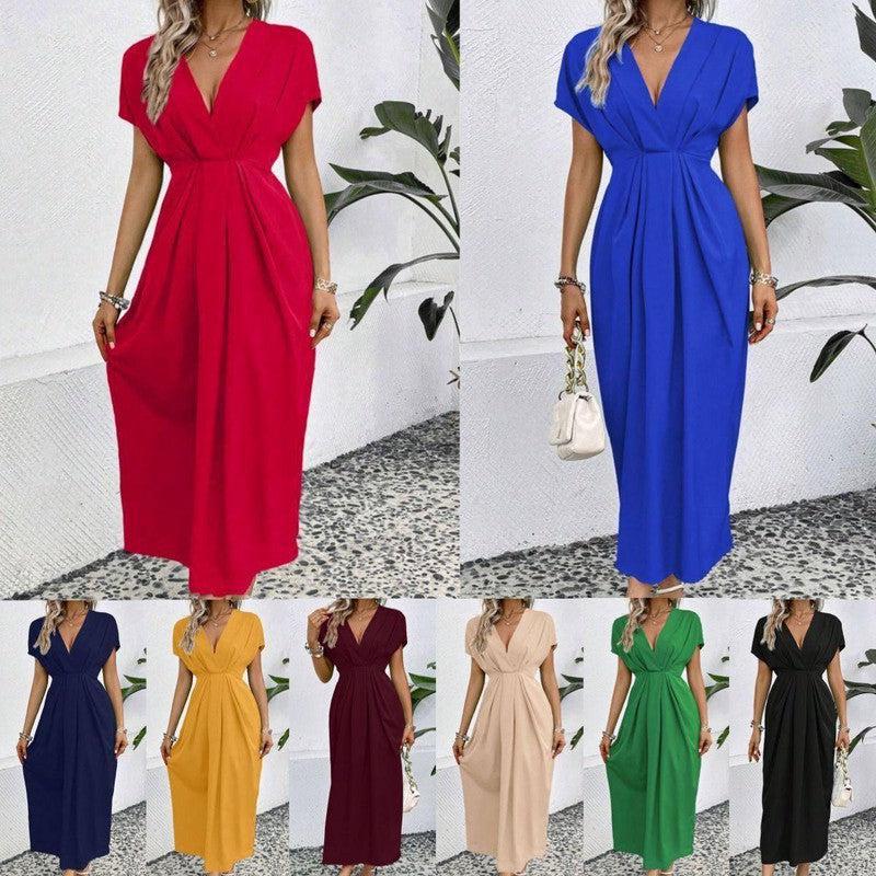 Solid Color Deep V Shoulder Sleeve Folding Elastic Waist-2