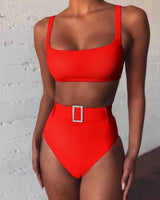 Solid color high waist imitation diamond bikini-Red-2