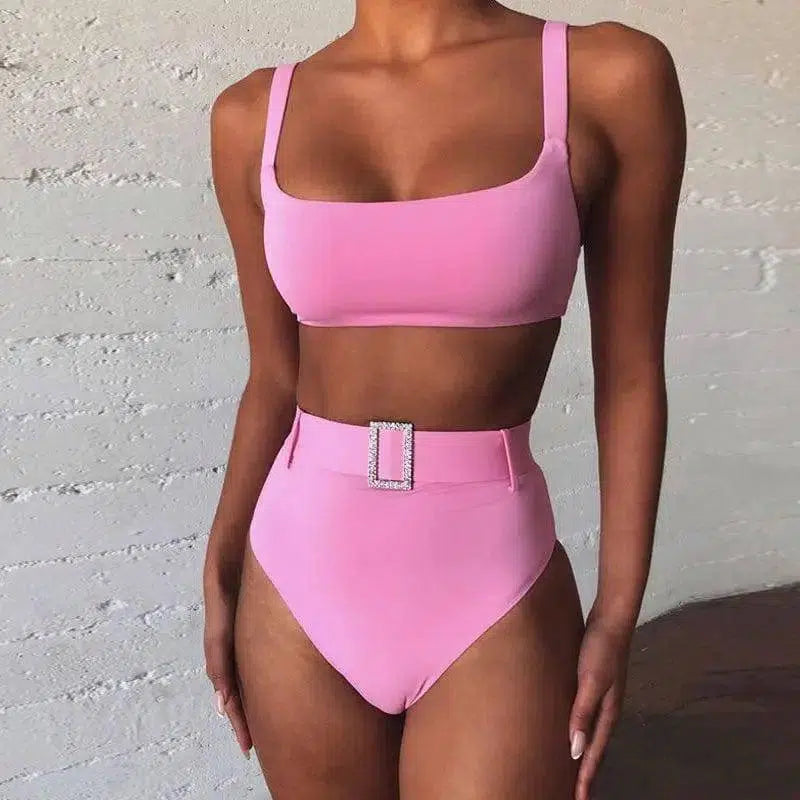 Solid color high waist imitation diamond bikini-Pink-3