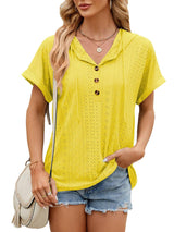 Solid Color Hooded Button T-shirt Loose Hollow Design-Yellow-8