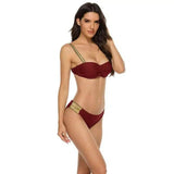 Solid Color Nylon Fabric Split Bikini Sexy Bikini-WineRed-5