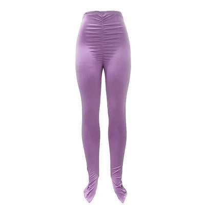 Solid color pleated leggings-Purple-1