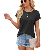 Solid Color Round Neck Button Short Sleeve T-Shirt New Summer Loose Top For Womens Clothing-Black-4