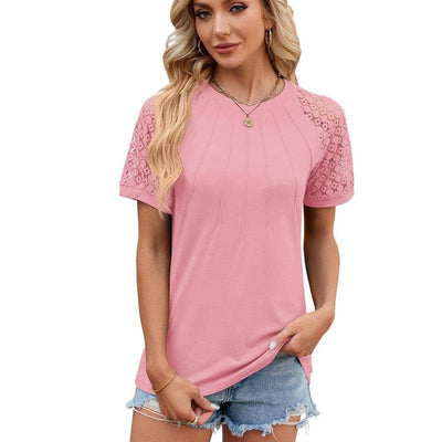 Solid Color Round Neck Top Women's Lace Hollow Design Short Sleeve T-Shirt Summer Womens Clothing-Pink-3