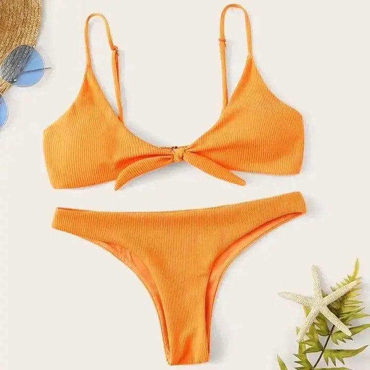 Solid color triangle split bikini-Orange-5