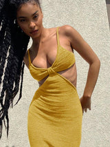 Spaghetti Strap Backless Maxi Dress - Summer Party Wear-yellow-5