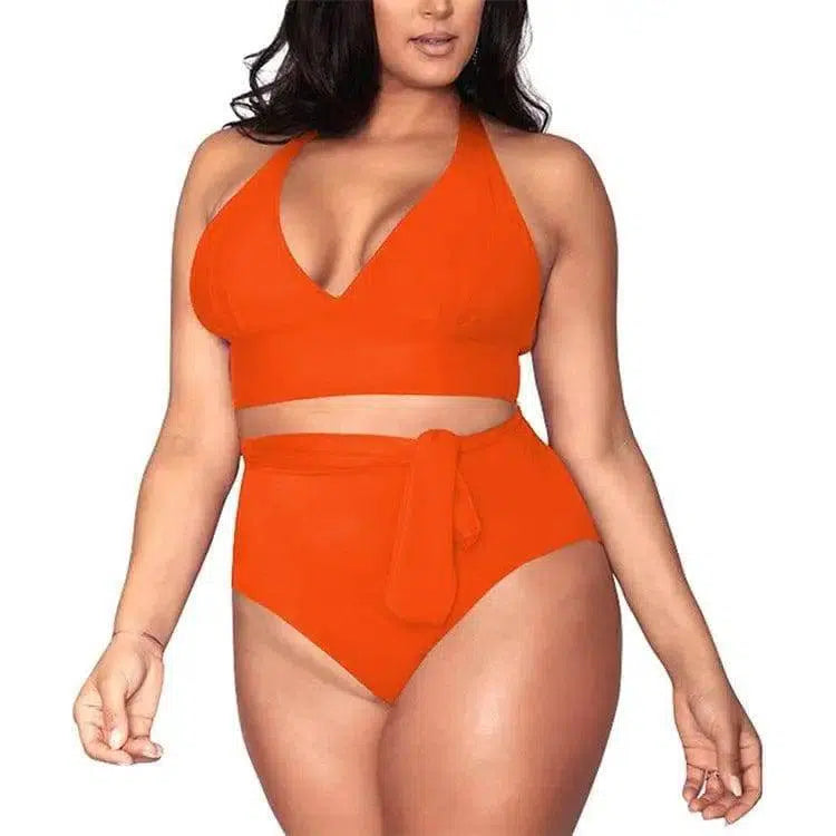 Split large size straps sexy bikini multi-rope belt deep V-Orange-4