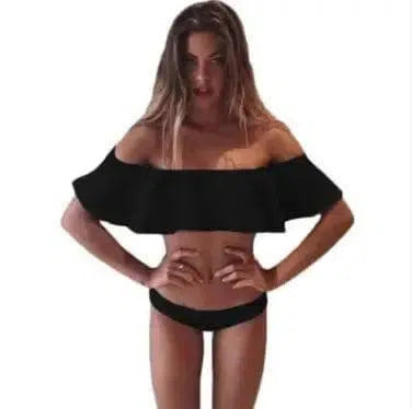 Split ruffled bikini solid color swimsuit-black-5