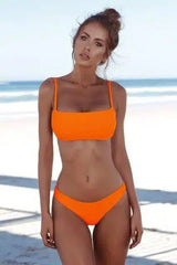 Split solid color bikini tight swimsuit backless-Orange-11