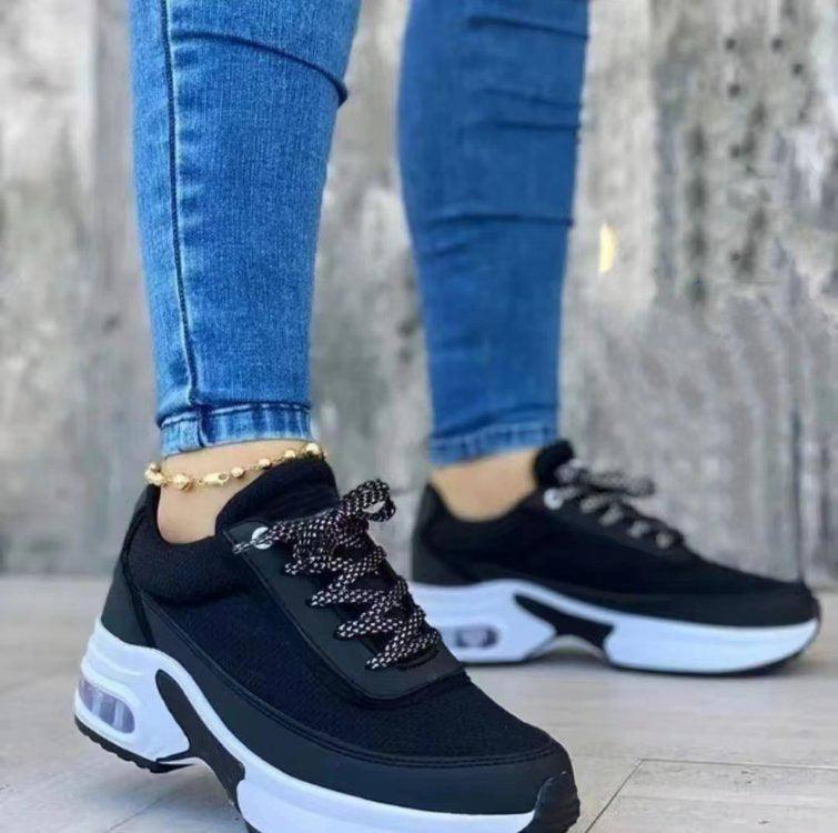 Sports Shoes Women SneakersThick Sole Breathable Casual Lace-Up Shoes-Black-3