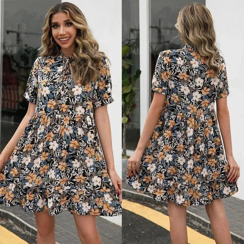 Stand Collar Ruffle Small Floral Short Sleeve Dress-1