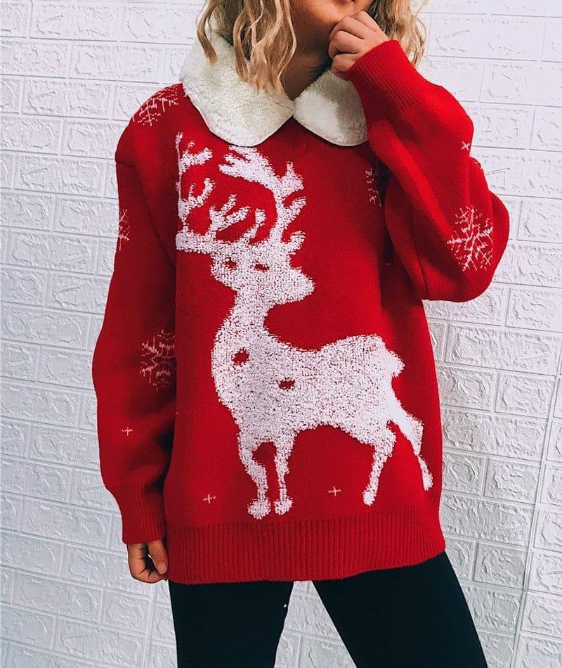 Stitched Lapel Long-sleeved Christmas Themed Sweater-Red-1