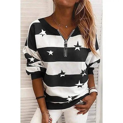 LOVEMI - Lovemi - Striped Printed Long-Sleeved Zipper Loose Casual