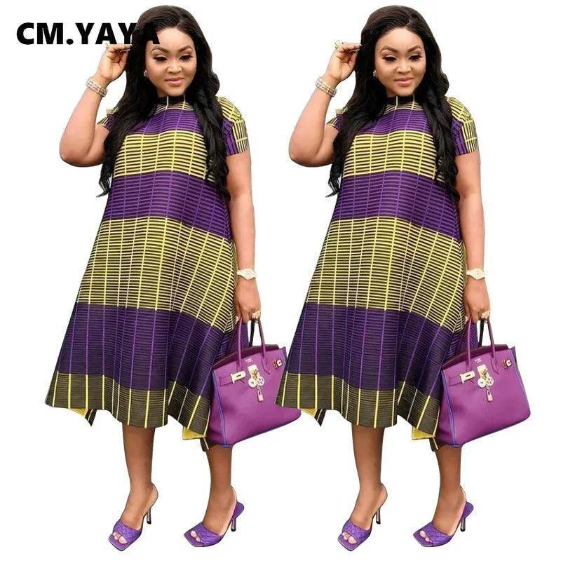 C.M YAYA Plus Size Loose Women Dresses Double Color Patchwork Mid-calf Length O-neck Short Sleeve Casual Straight Dress 2021-2