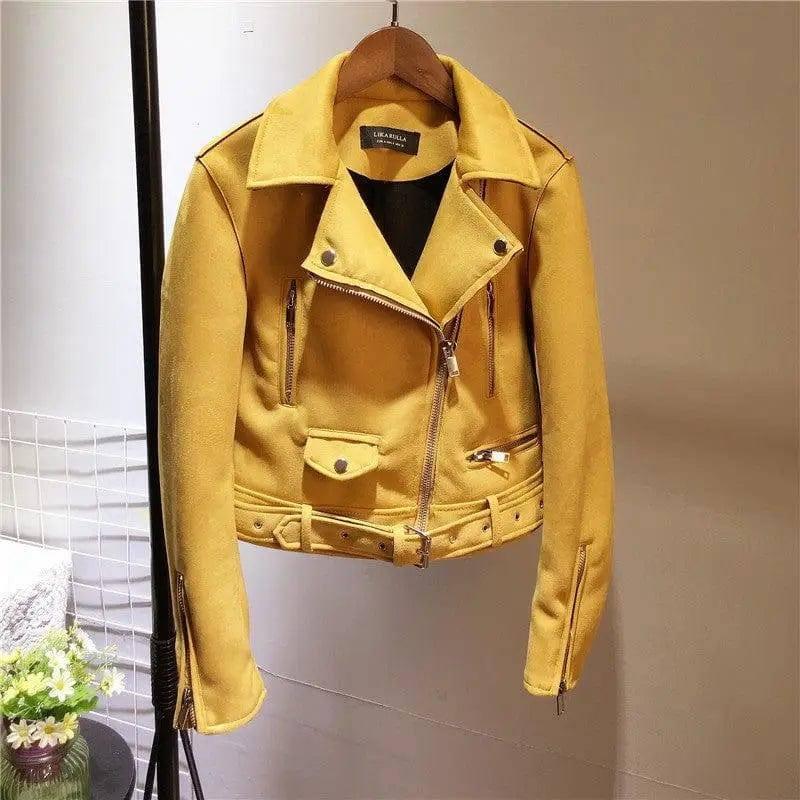 Suede leather women motorcycle leather plush fleece jacket-Yellow-1