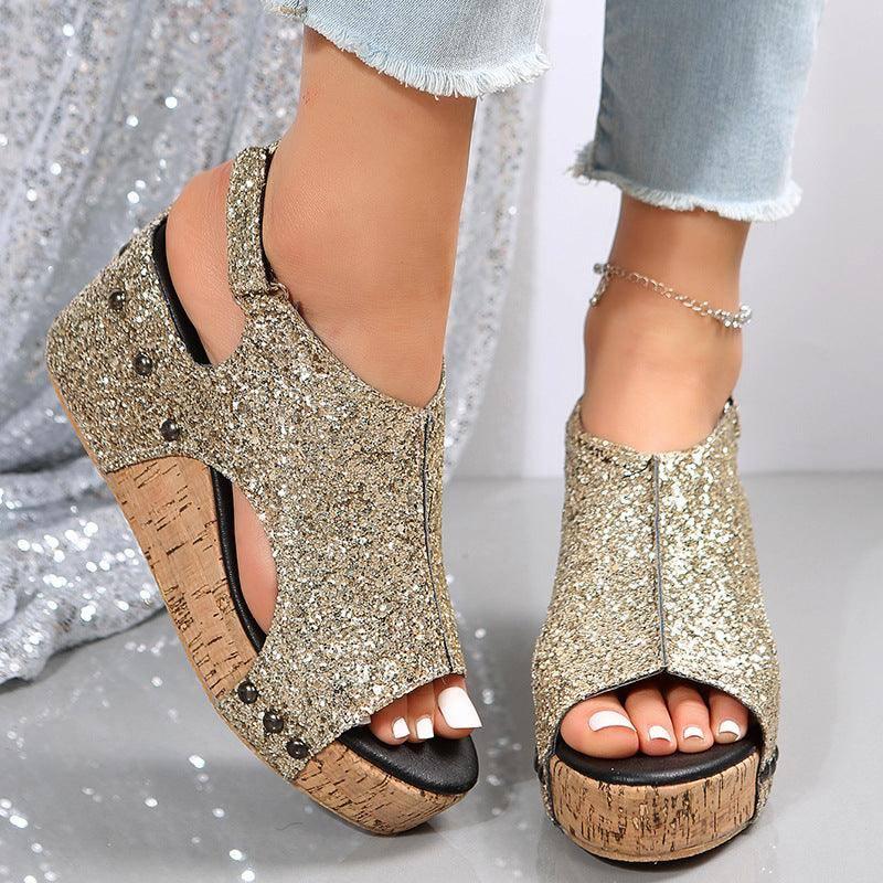 Summer Chunky Wedges Sandals Fashion Sequins Velcro Shoes-Gold-4