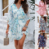 Summer Floral Print Short Sleeves Dress Lace Up Ruffles Design Fashion V-neck Short Dresses Womens Clothing-1