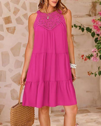 Summer Halterneck A-line Dress With Flower Hollow Lace-Pink-5