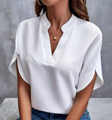 Summer New V-neck Shirt Women's Pure Color Casual Versatile-White-6