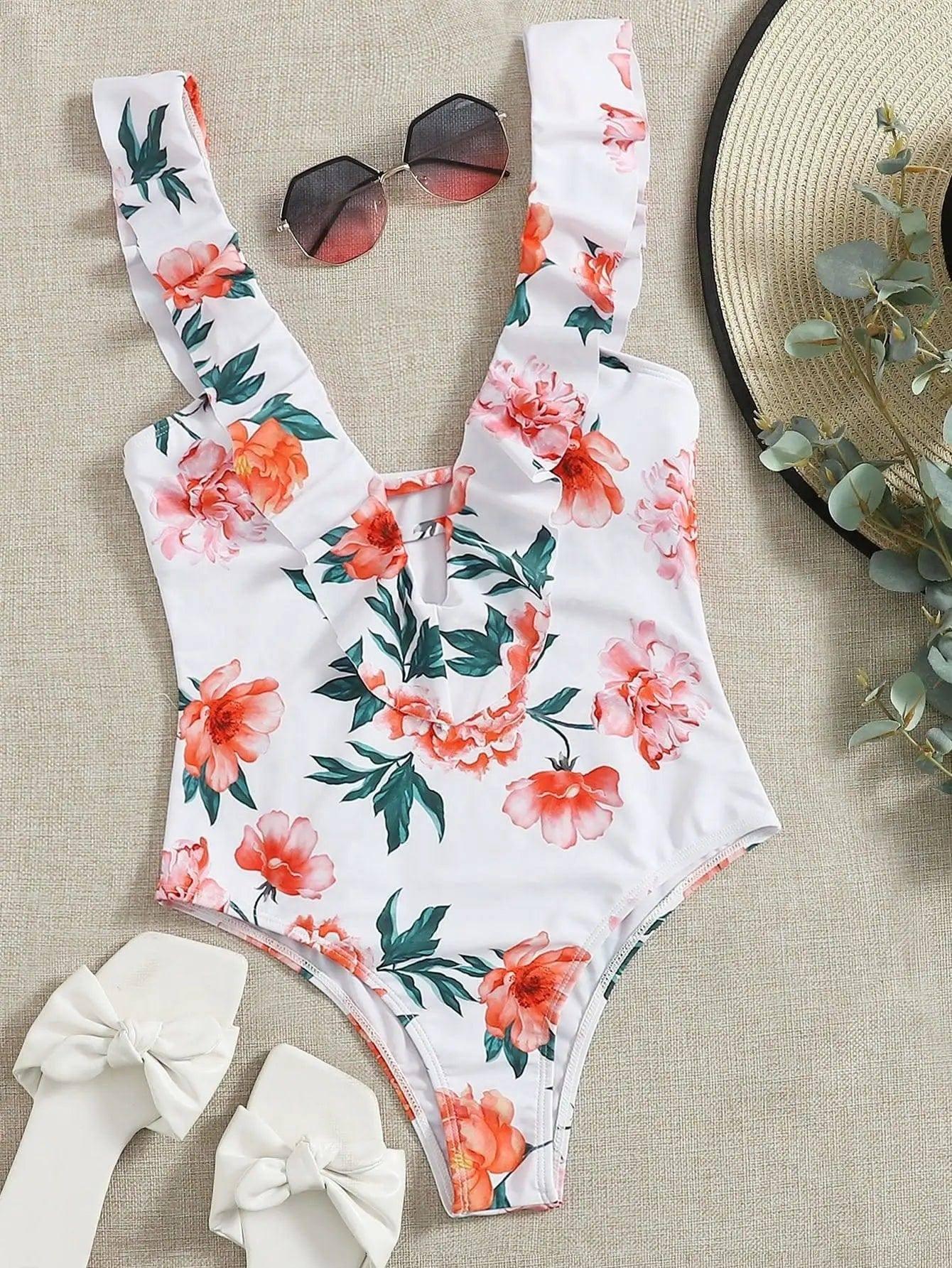 Summer Printed Bikini Sexy Small Fresh Fringed One-Piece-White-2