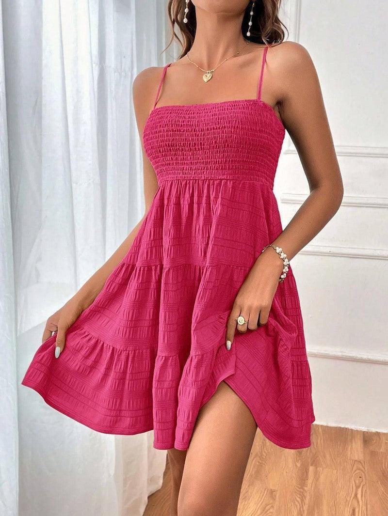 Summer Square-collar Suspender Pleated Dress Fashion Solid-Pink-7