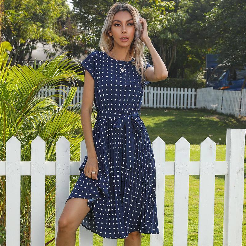 Summer Women Polka Dot Short Sleeve Dress Casual Bandage-Blue-8